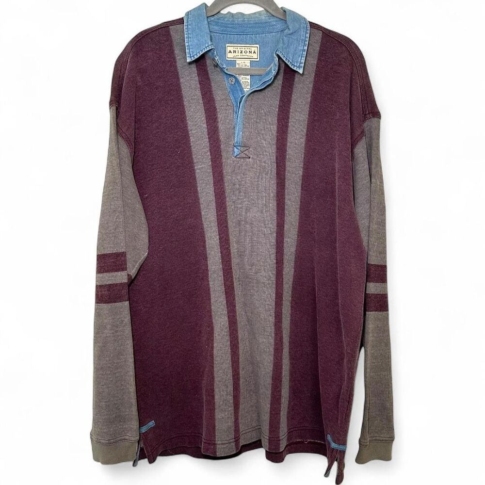 Arizona Men's Vintage Burgundy and grey striped polo shirt